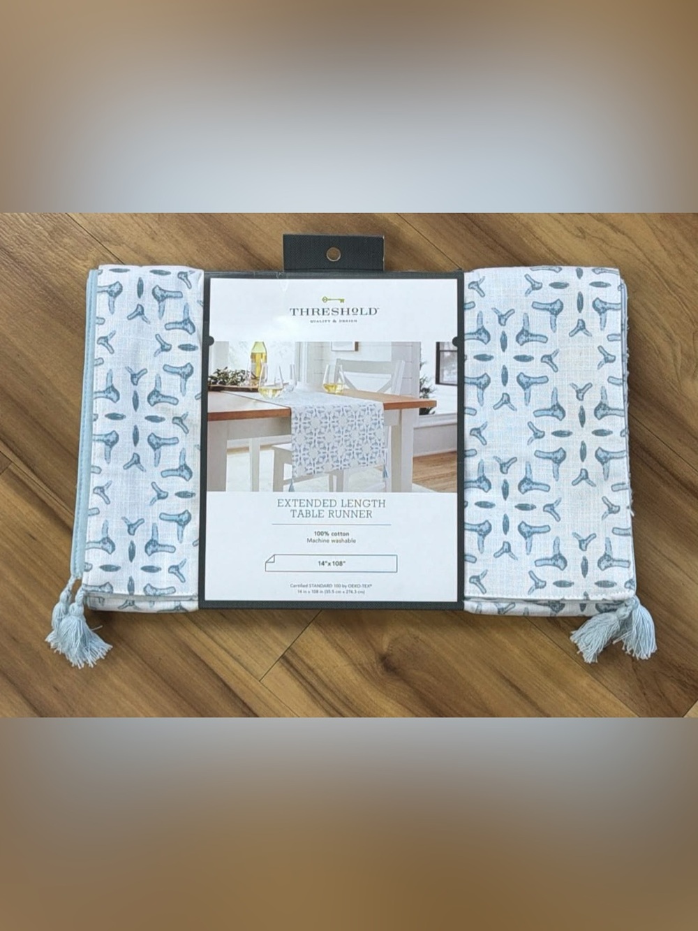 Threshold Light Blue & White Patterned Table Runner with Tassels